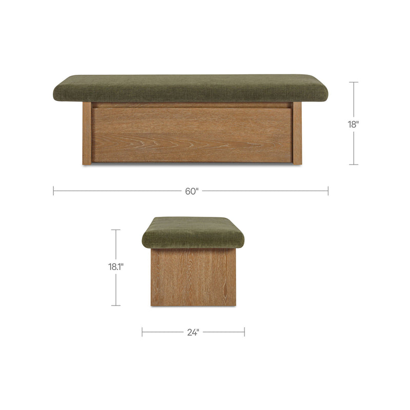 Dark green storage bench, 60"W x 18"H x 24"D, padded top and wood storage base.