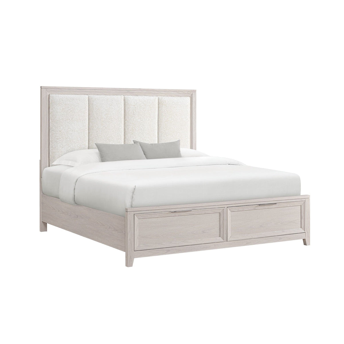 Storage bed with beige upholstered padded headboard and two under-bed storage drawers.
