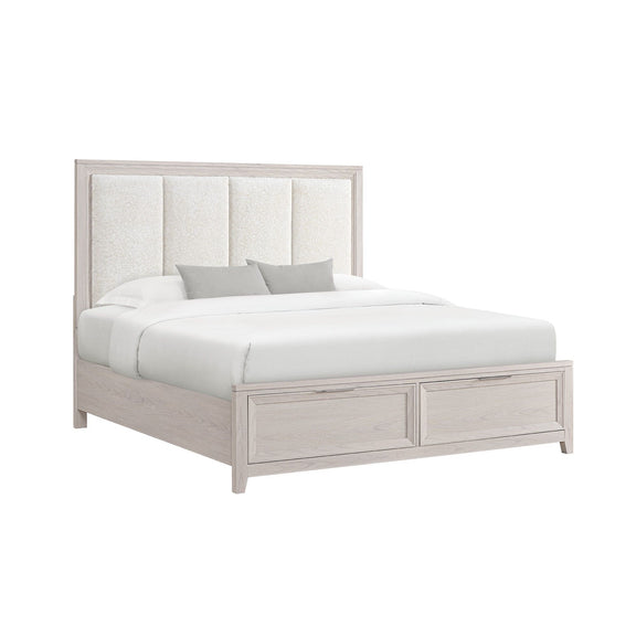Storage bed with beige upholstered padded headboard and two under-bed storage drawers.