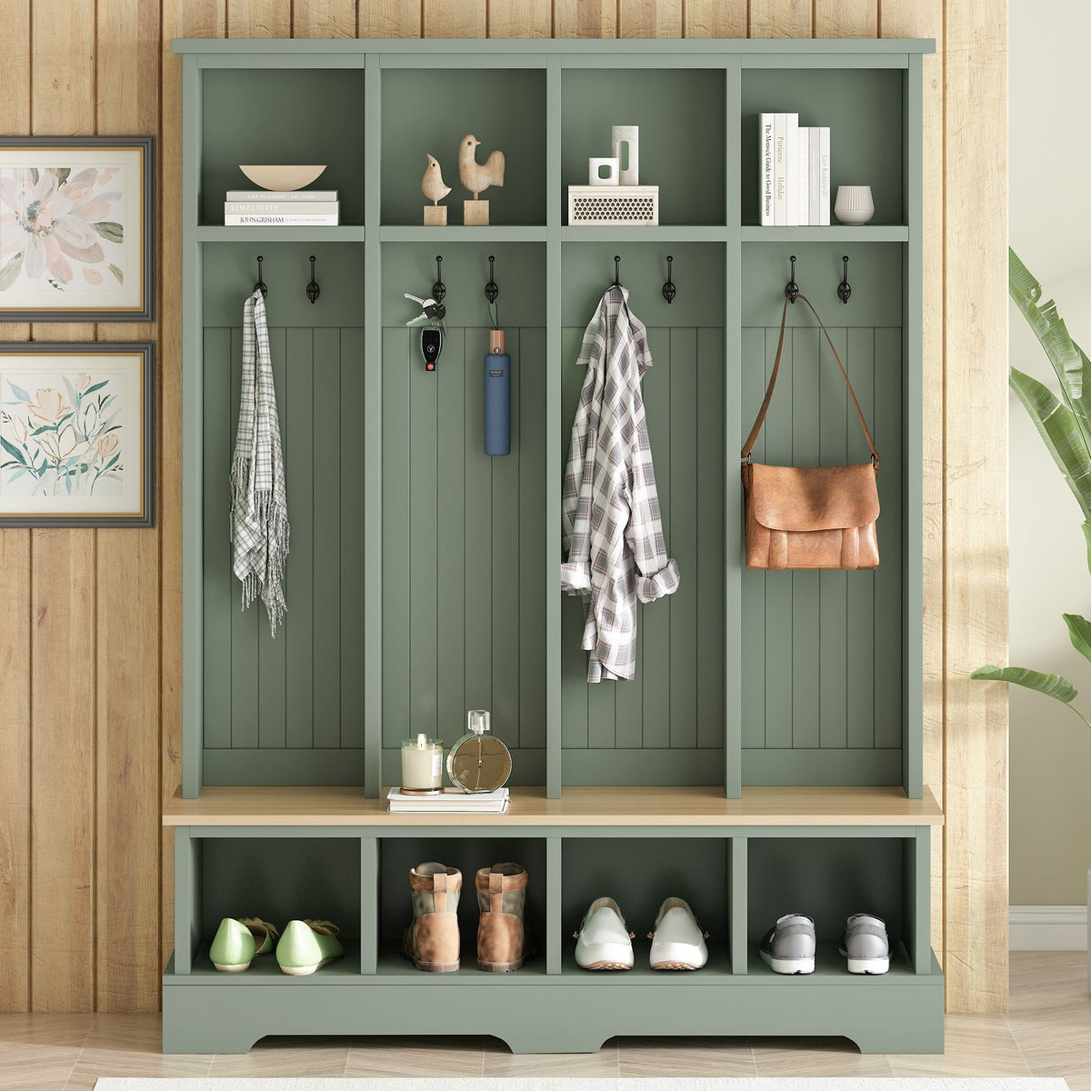 Green hall tree with 8 hooks and open cubby bench, shelves and coat pegs