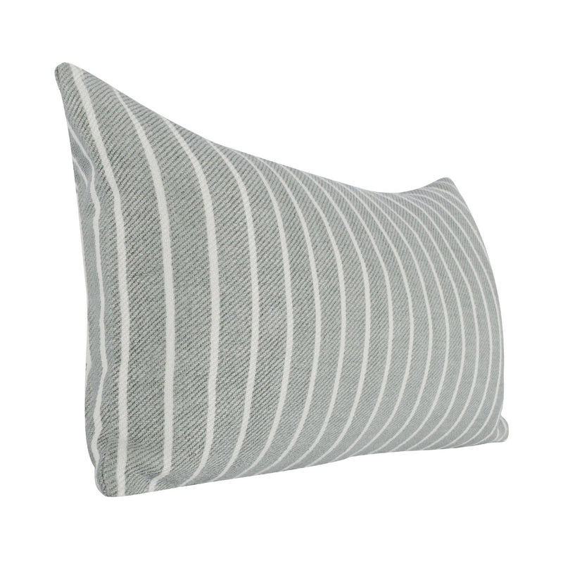 Gray and white striped lumbar pillow with visible seams and curved corners