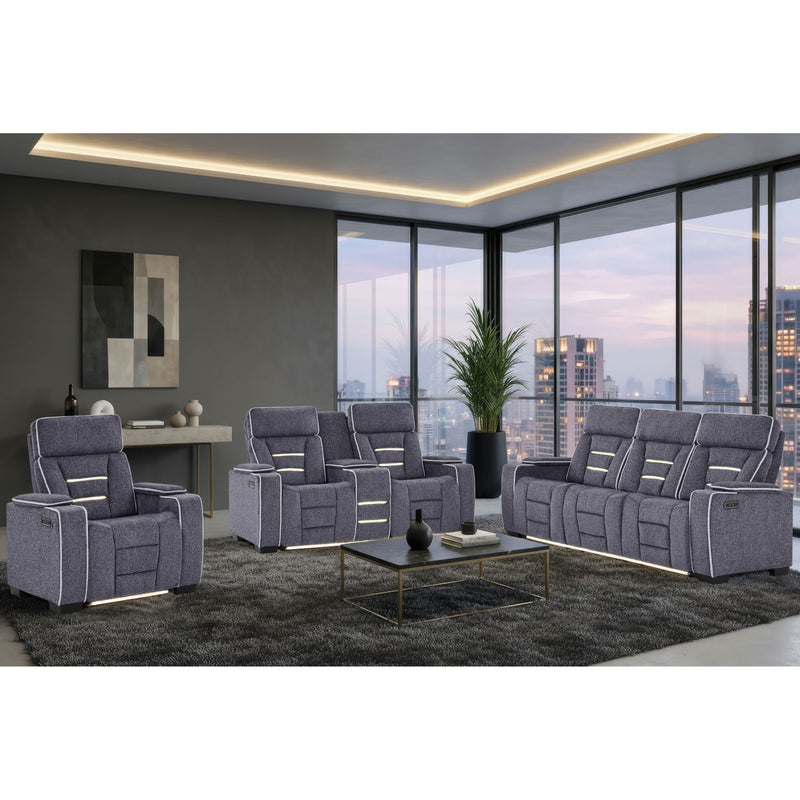 Set of gray reclining chairs with padded headrests and storage arms in a seating arrangement