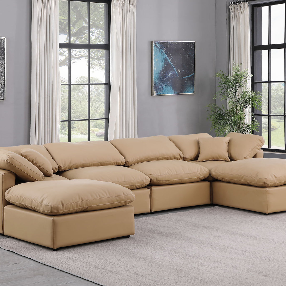 Indulge - Faux Leather 6 Piece Modular Double Chaise Sectional - Tan