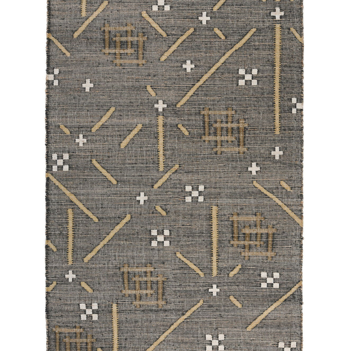 Charcoal area rug with tan and white geometric lines and plus motifs, fringed