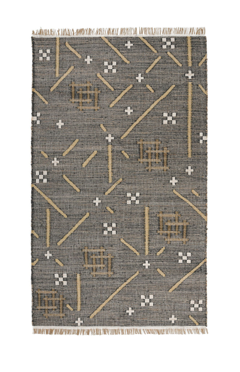 Charcoal area rug with tan and white geometric lines and plus motifs, fringed
