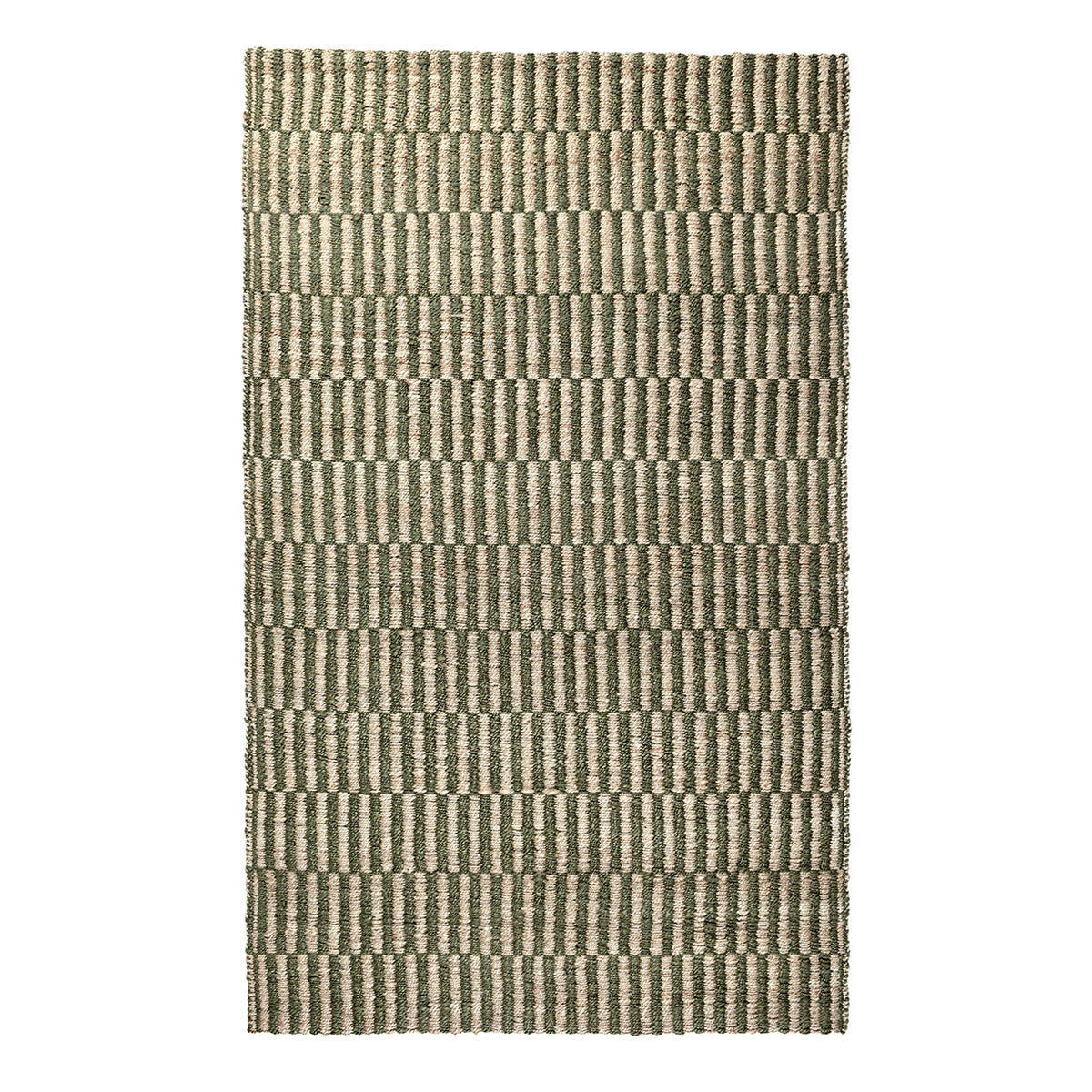 Jute rug with green and natural woven stripes, rectangular area rug