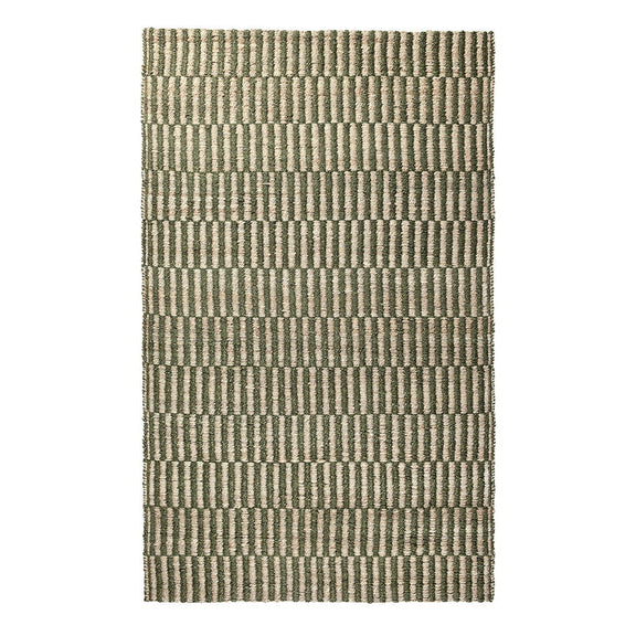 Jute rug with green and natural woven stripes, rectangular area rug