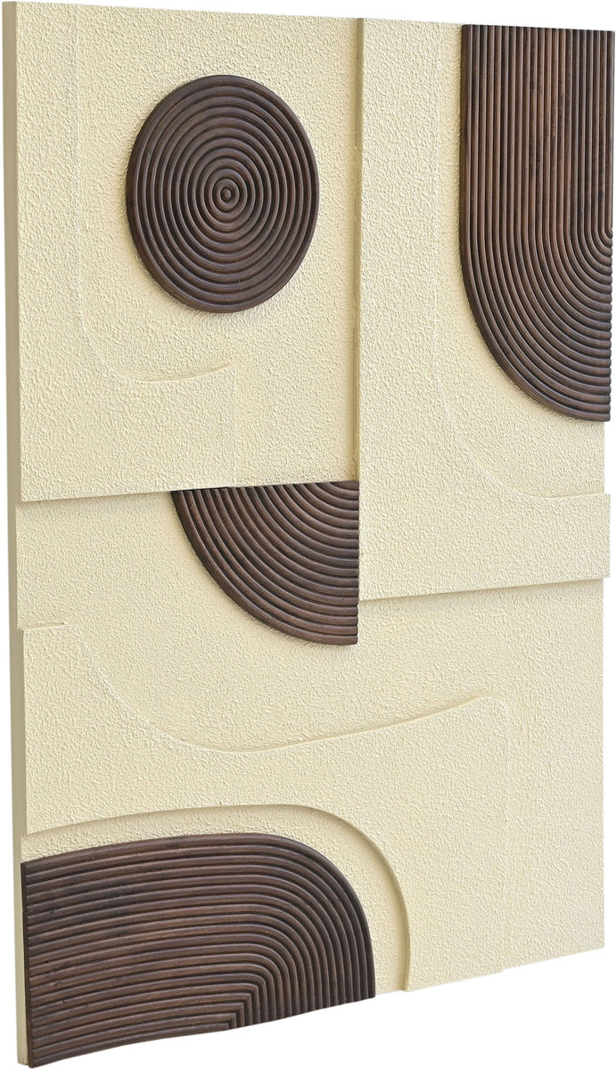 2-piece wall art with concentric brown wood-circle insets on textured light panels