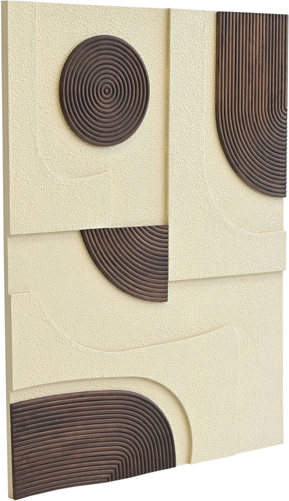 2-piece wall art with concentric brown wood-circle insets on textured light panels