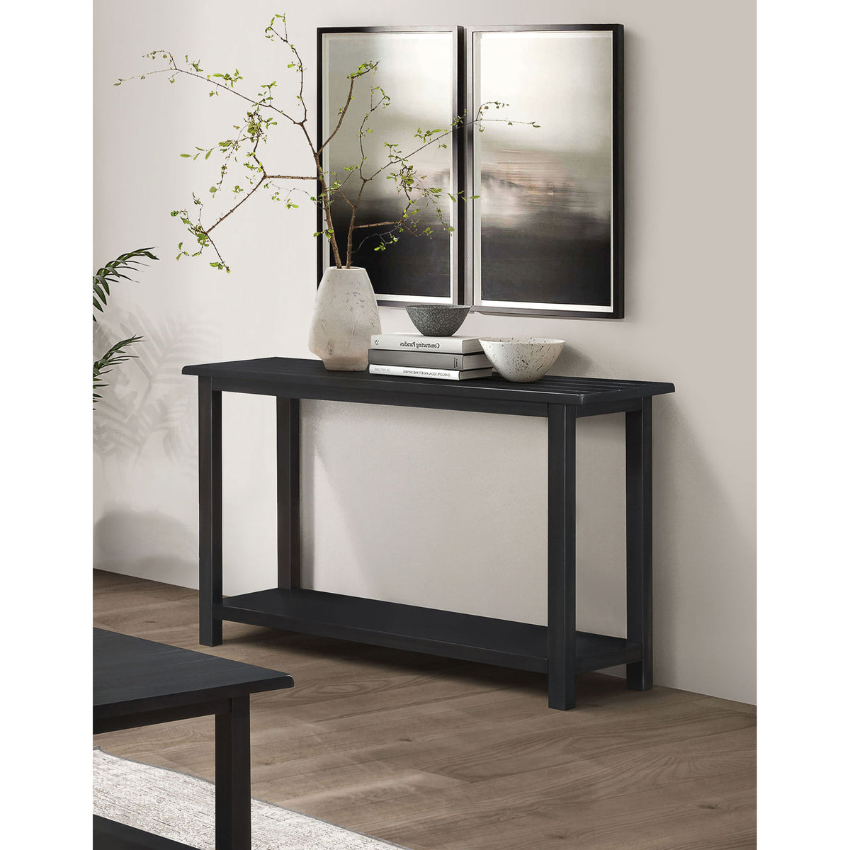 Rectangular dark wood console table with lower shelf and straight legs