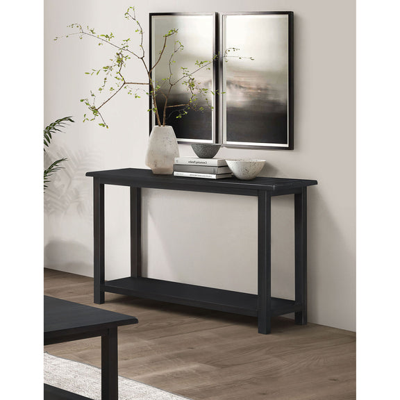 Rectangular dark wood console table with lower shelf and straight legs