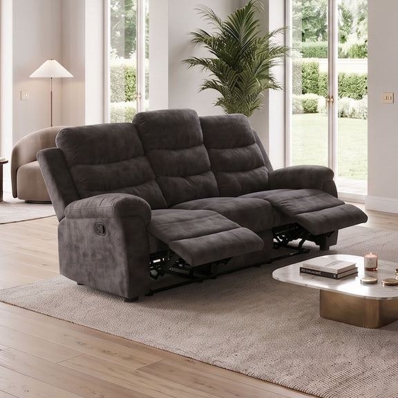 Dark gray 3-seat manual recliner sofa with thick armrests and extended footrests