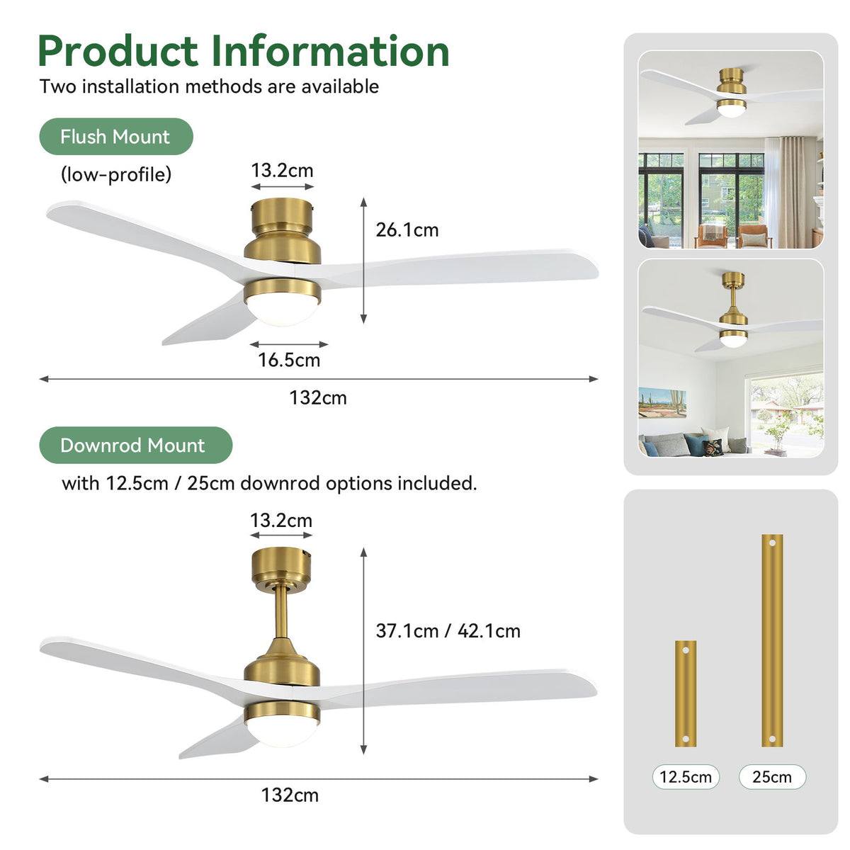 Ceiling fan diagram with flush-mount and downrod-mount views in gold