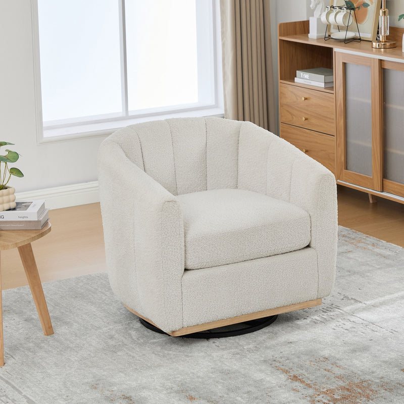 Ivory boucle swivel barrel armchair with curved back and arms, cushioned seat