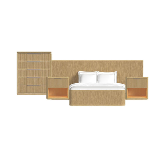 Light brown wall bed bedroom set with white bed, side shelves, and tall dresser drawers.