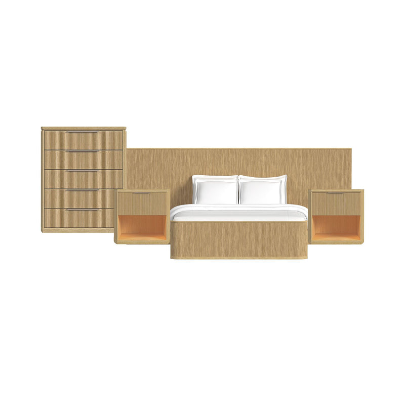 Light brown wall bed bedroom set with white bed, side shelves, and tall dresser drawers.
