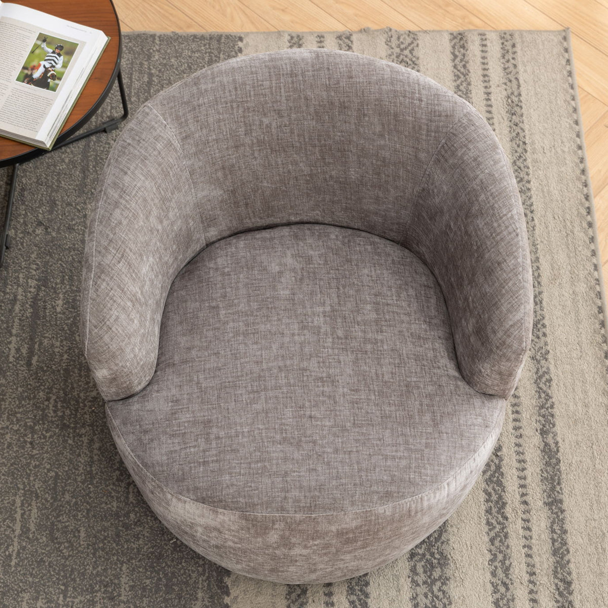 Chenille Fabric Swivel Accent Armchair Barrel Chair With Powder Coating Metal Ring