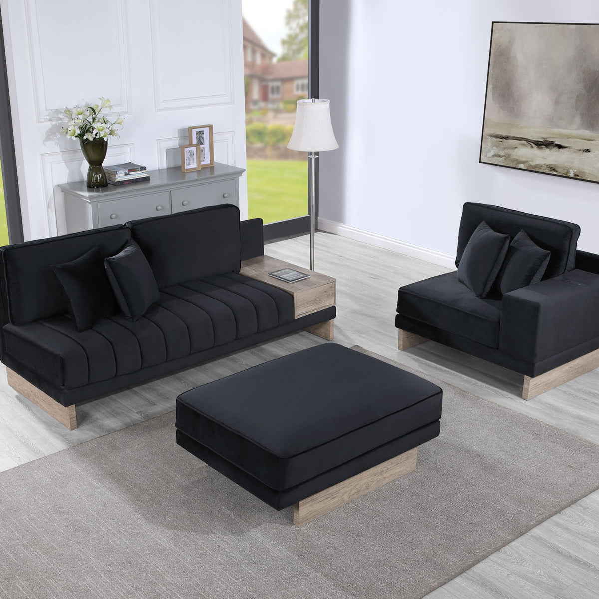 Memphis - Velvet Reversible Sectional Sofa Ottoman With Storage Compartment, Drawer, USB ports, Charging Outlets