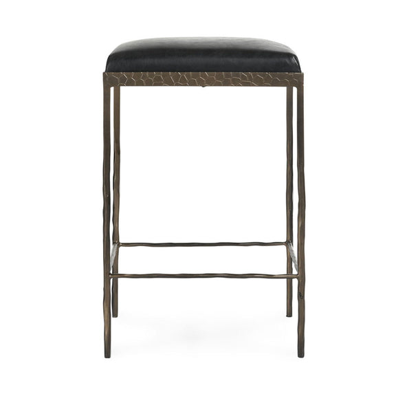 Onyx black leather counter stool with padded seat and metal cage frame