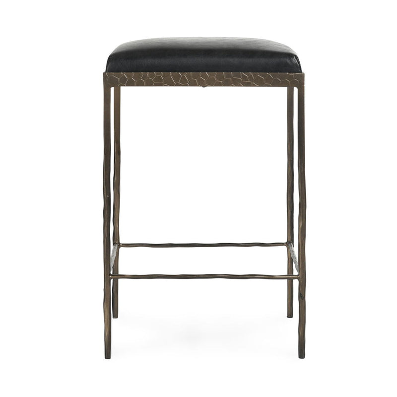 Onyx black leather counter stool with padded seat and metal cage frame