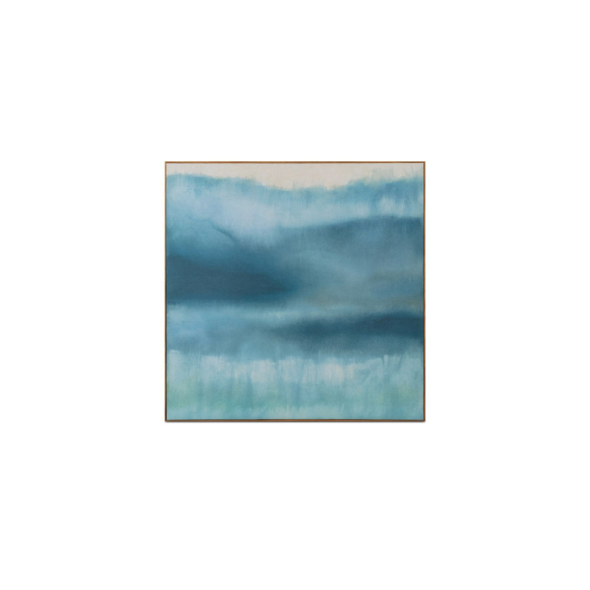 Framed abstract blue and teal artwork with thin gold-tone border