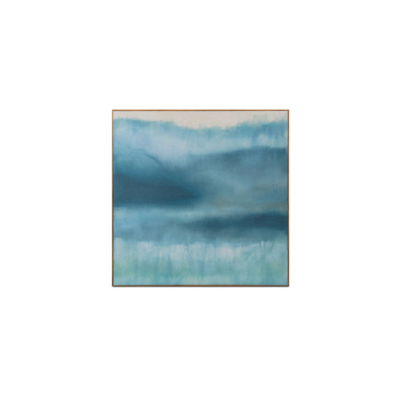 Framed abstract blue and teal artwork with thin gold-tone border