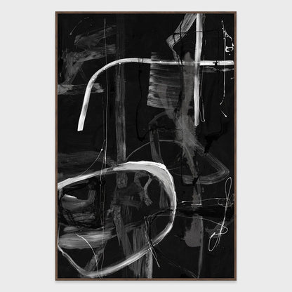 Framed abstract wall art with dark background and white paint strokes