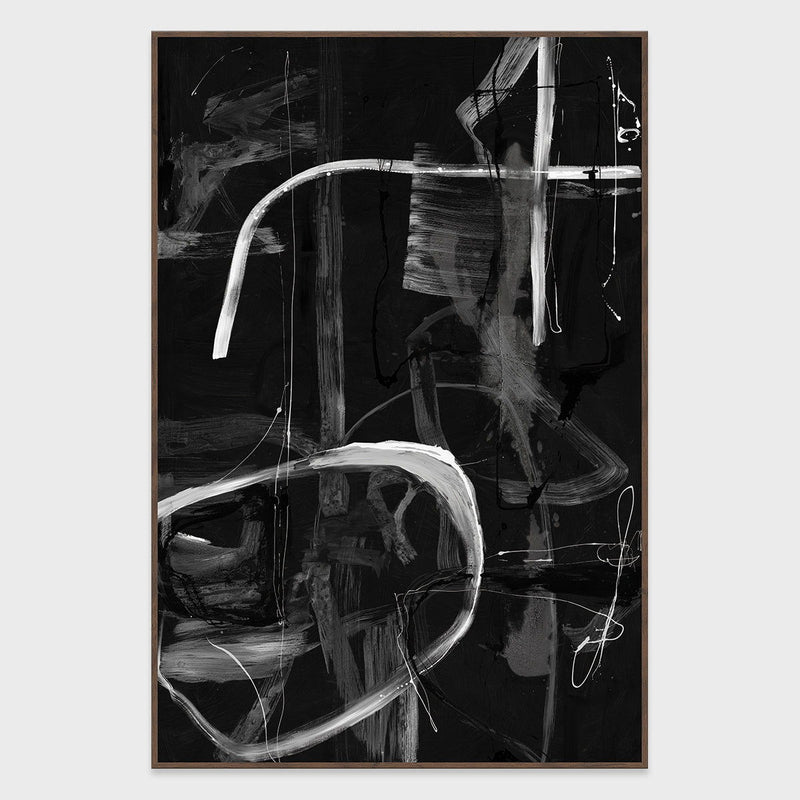 Framed abstract wall art with dark background and white paint strokes