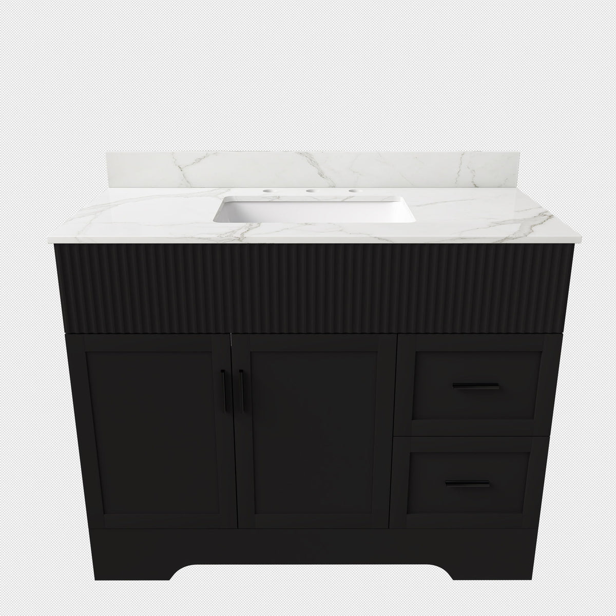 Black bathroom vanity cabinet with white sink and fluted front panel