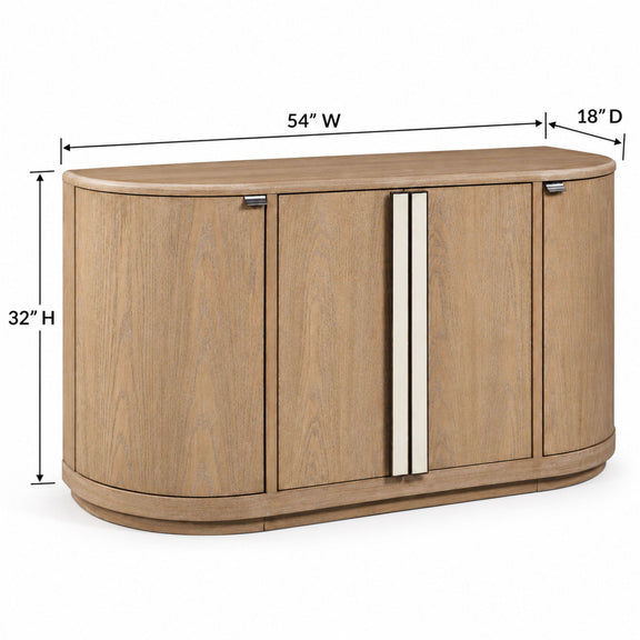 Beige wood server cabinet, 54W x 32H x 18D, curved with four doors and metal pulls