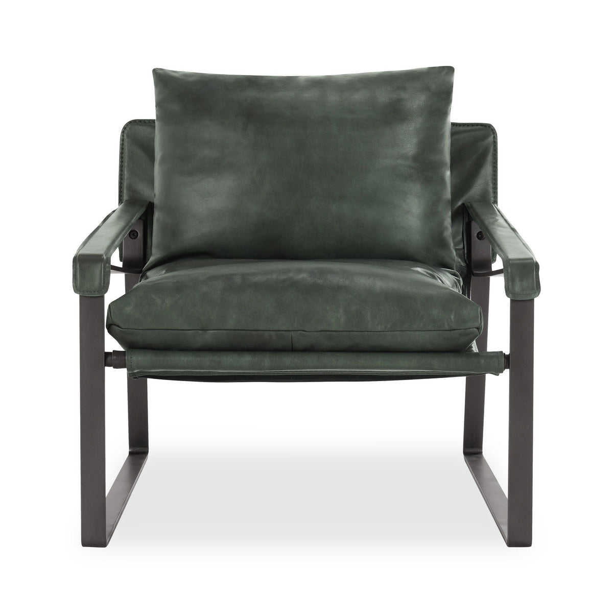 Dark green upholstered accent chair with back pillow, arms, and black metal legs