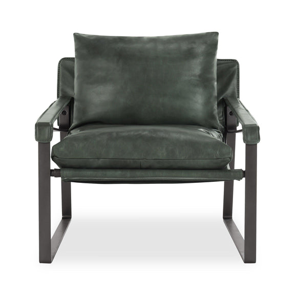 Dark green upholstered accent chair with back pillow, arms, and black metal legs