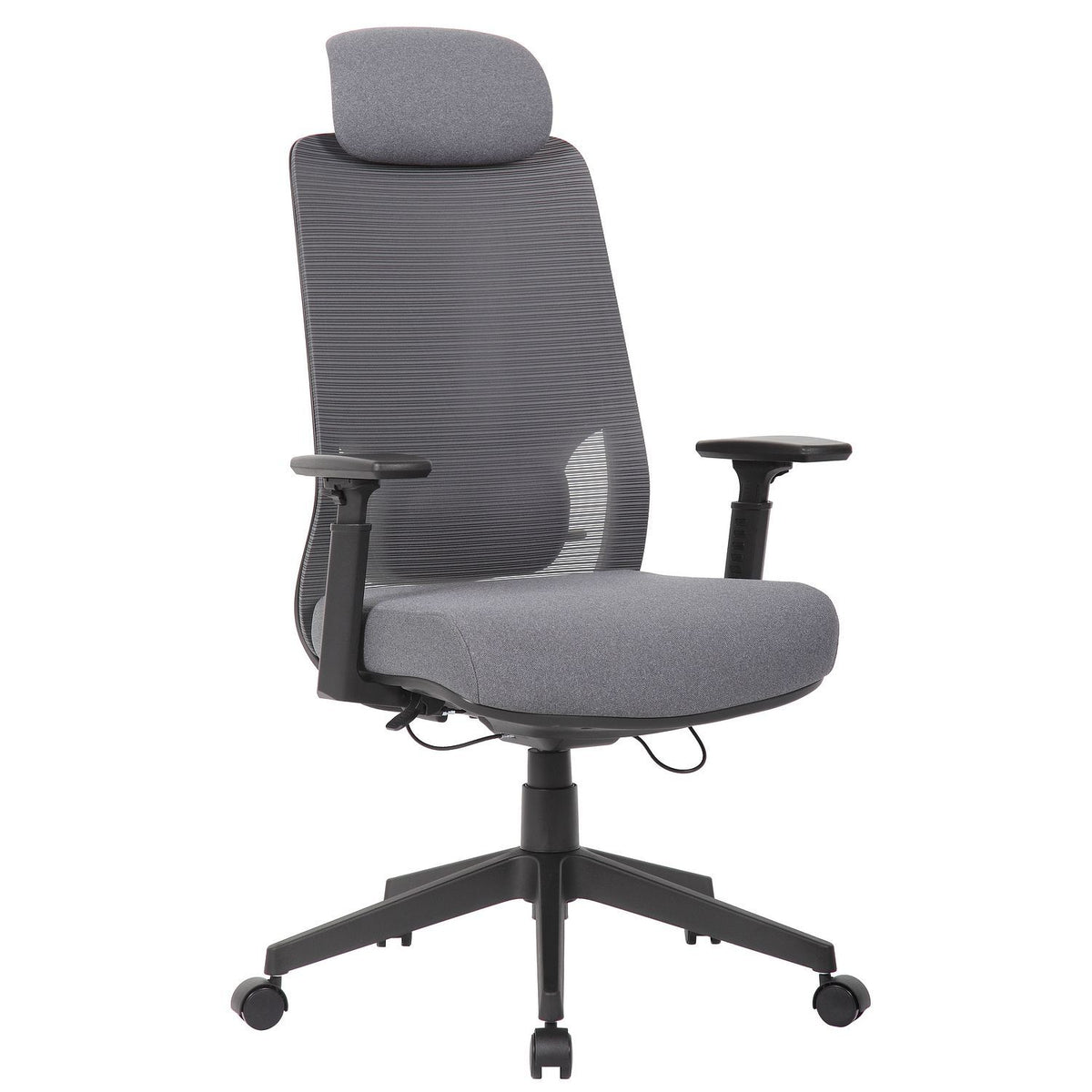 Gray ergonomic office chair with high back, padded headrest, and adjustable armrests