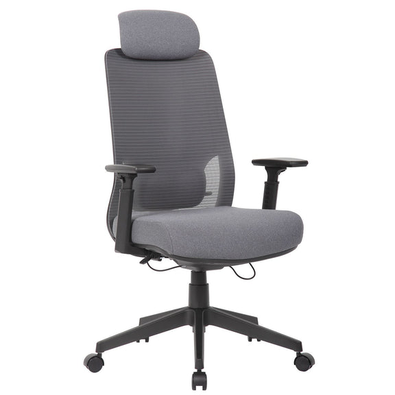 Gray ergonomic office chair with high back, padded headrest, and adjustable armrests