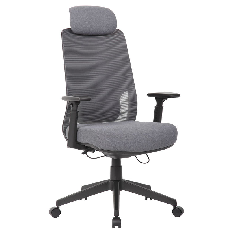 Gray ergonomic office chair with high back, padded headrest, and adjustable armrests