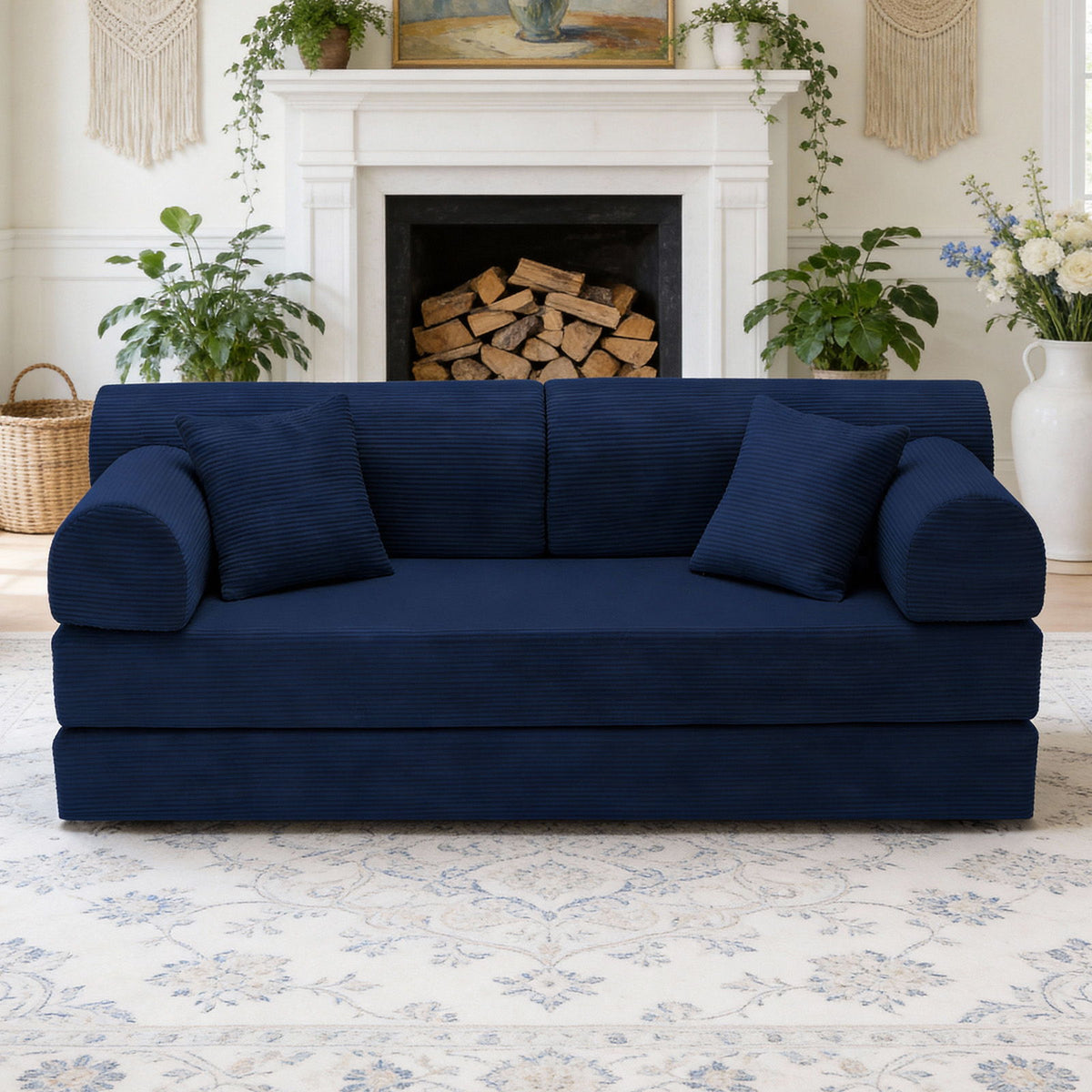 Dark blue convertible sleeper sofa bed with three back cushions and rounded arm bolsters