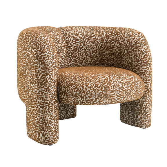 Pemba accent chair in light brown and cream patterned upholstery, angled view