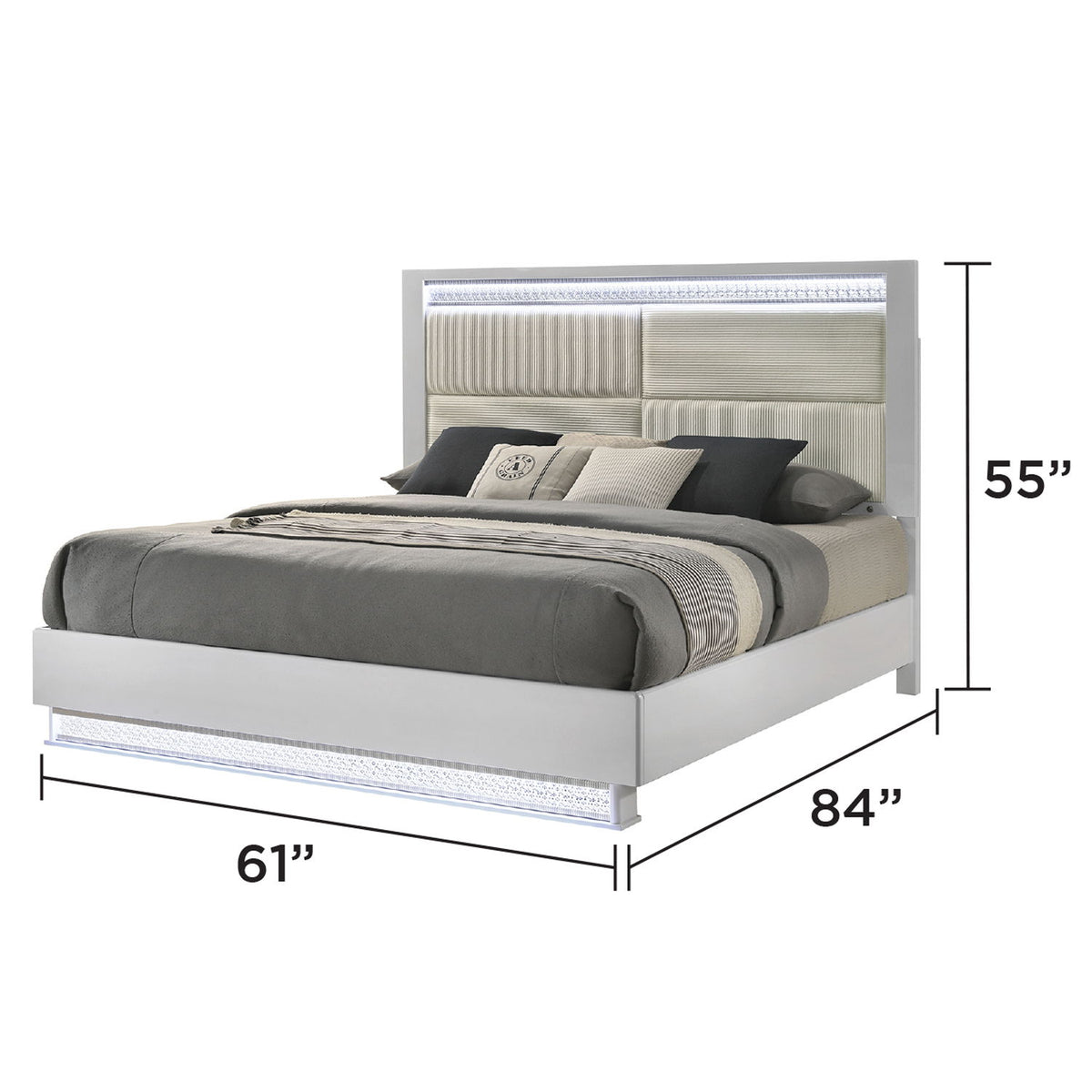 White LED headboard bed dimensions: 61" W x 84" L, 55" H