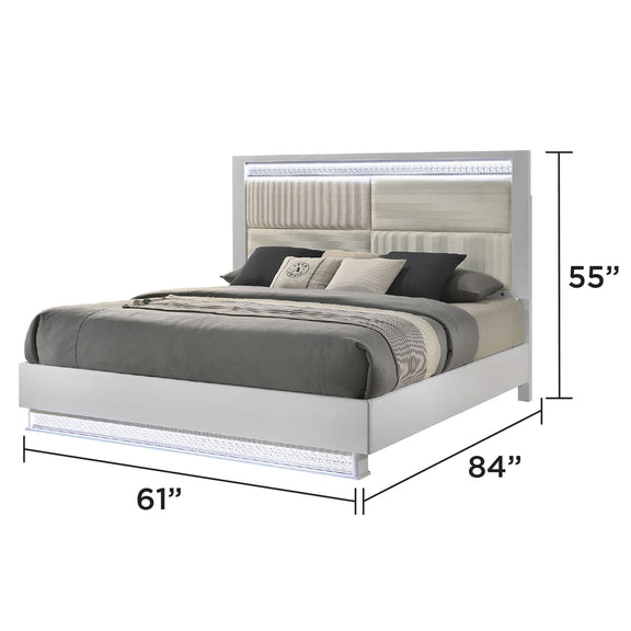 White LED headboard bed dimensions: 61" W x 84" L, 55" H