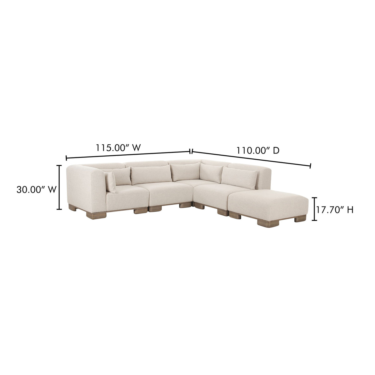 Oatmeal modular sectional sofa with right chaise; 115"W x 110"D x 17.70"H.