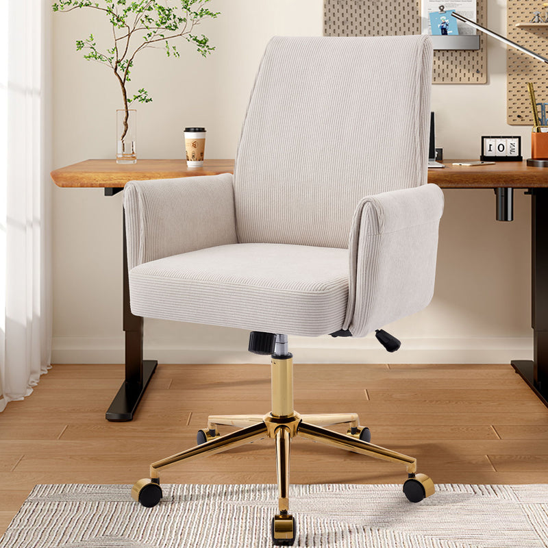 Ergonomic mid-back office chair with light beige upholstery and gold star base on casters