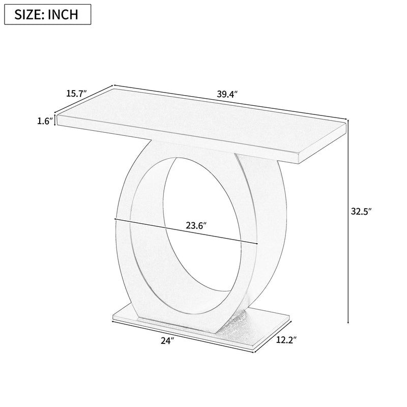 Beige console table size diagram showing oval base and bottom plate dimensions.