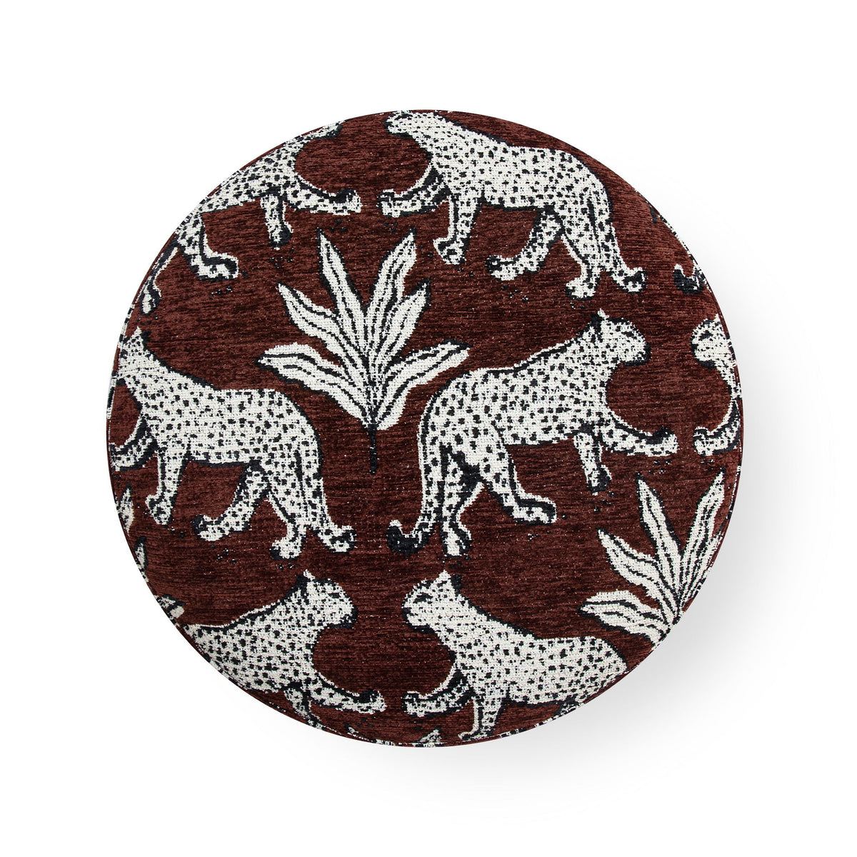 Round animal-print ottoman top in brown and cream with zebra and palm-leaf pattern