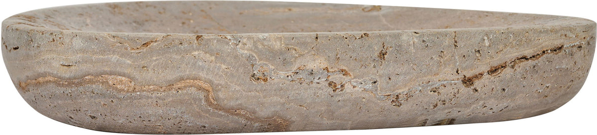Gray travertine bowl with textured rim and natural veining