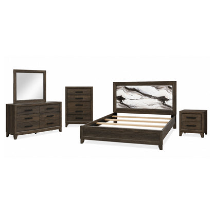 Dark brown bedroom set with bed, dresser, mirror, and two matching nightstands
