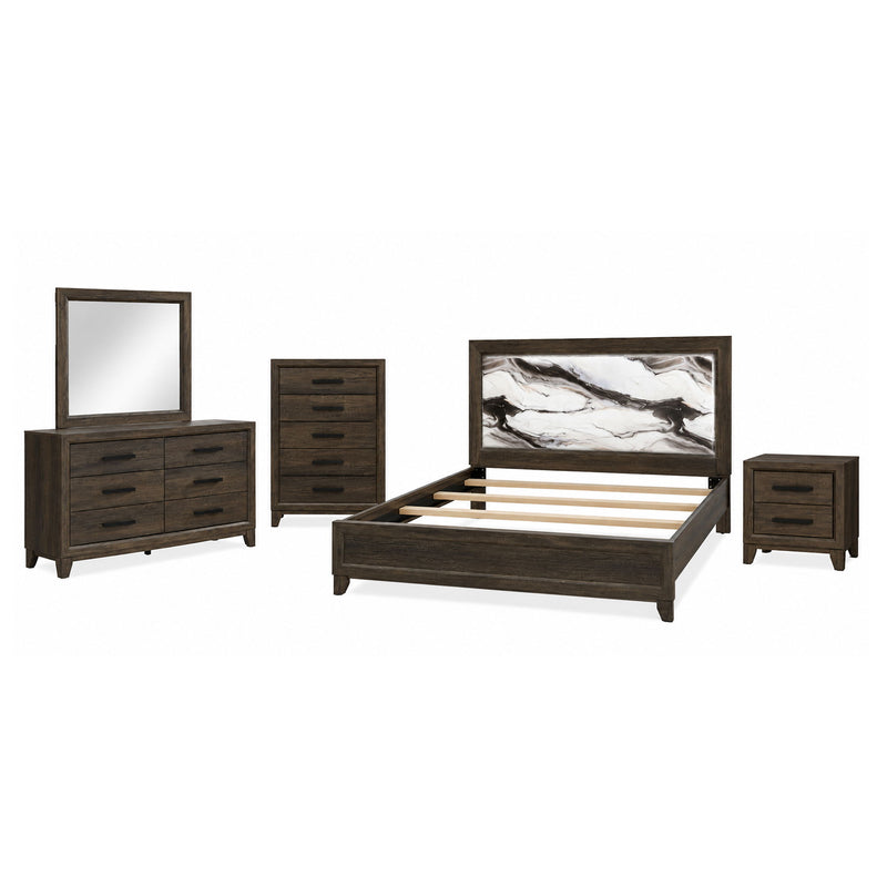 Dark brown bedroom set with bed, dresser, mirror, and two matching nightstands