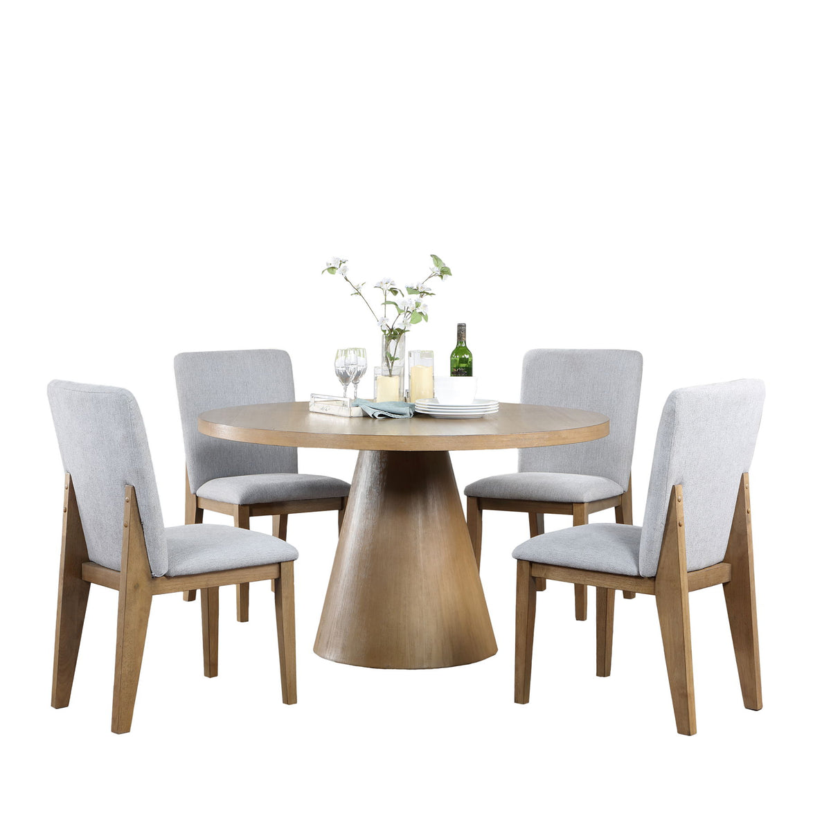 Delphine - Round Dining Table Set With Chairs (Set of 5) - Oak Finish And Gray
