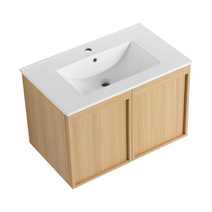 Floating bathroom vanity with sink, light brown cabinet with two doors and white basin