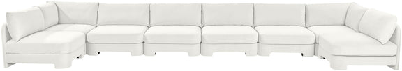 U-shaped armless sectional sofa in white velvet with stitched cushion blocks