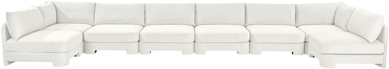 U-shaped armless sectional sofa in white velvet with stitched cushion blocks